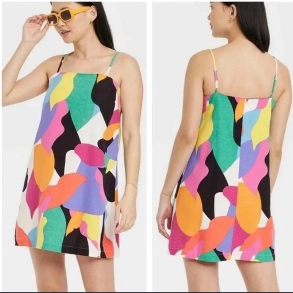 A New Day Colorful Linen Blend Mini Tank Dress Summer Dopamine Rainbow‎ Large